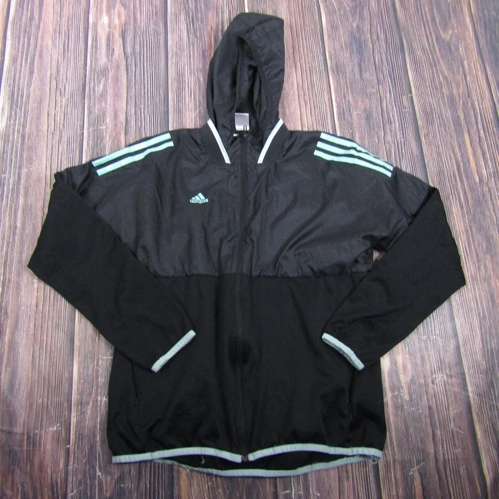Adidas Jacket Mens Small Black Hooded Full Zip Windbreaker Lightweight Running